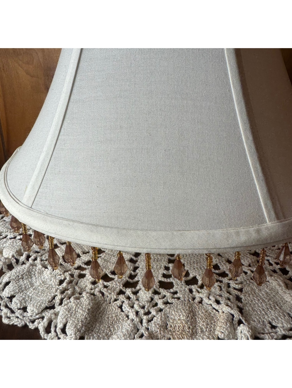 Vintage Ivory Bell Lamp Shade Pink Beaded Fringe Cottage Victorian Decor - Picture 4 of 9